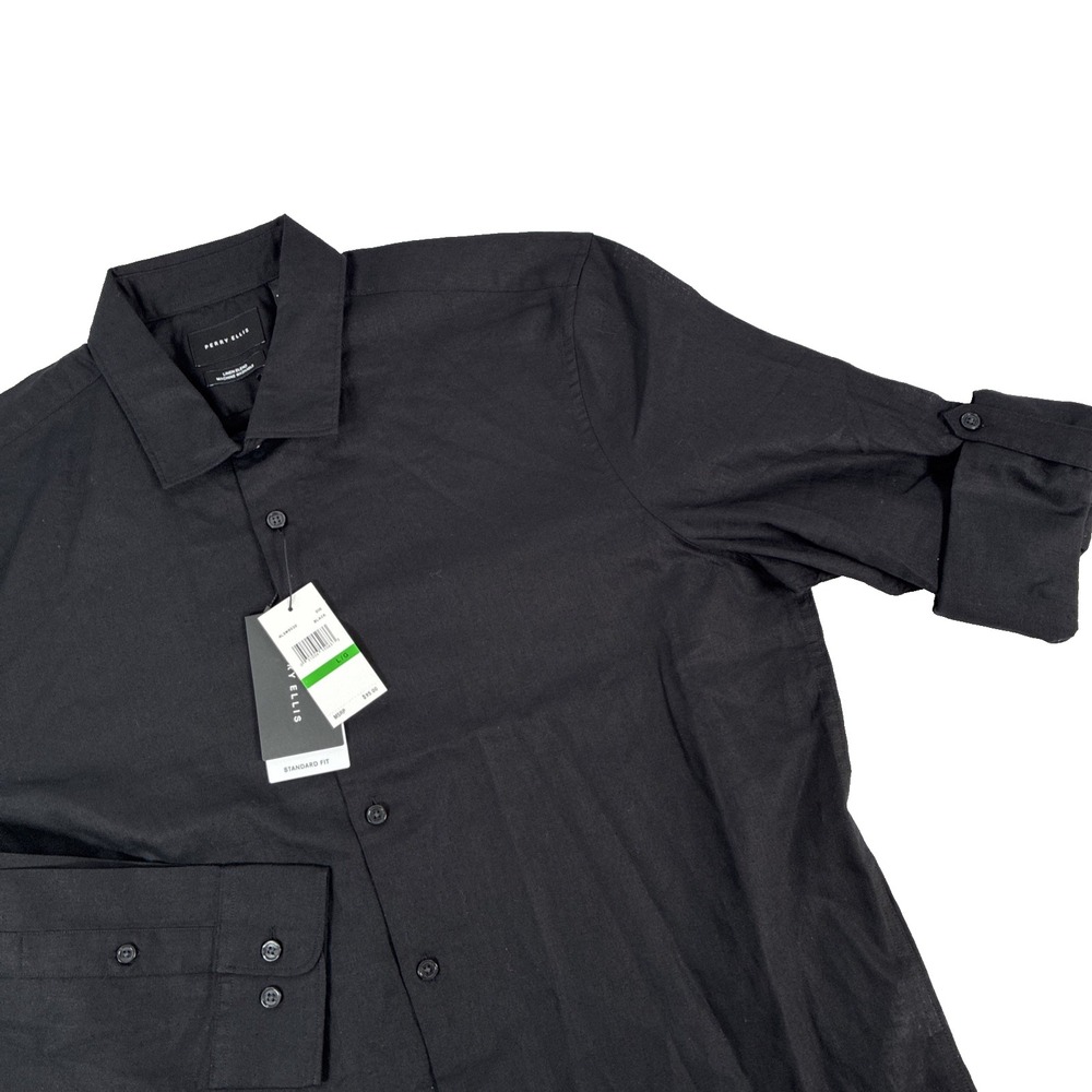 New Mens Perry Ellis Linen Blend Button Up Long Sleeve Shirt Size L Black NWT